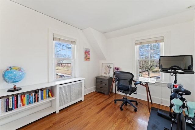 office space featuring radiator, baseboards, and wood finished floors