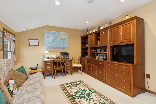 home office featuring recessed lighting, baseboards, light carpet, and vaulted ceiling