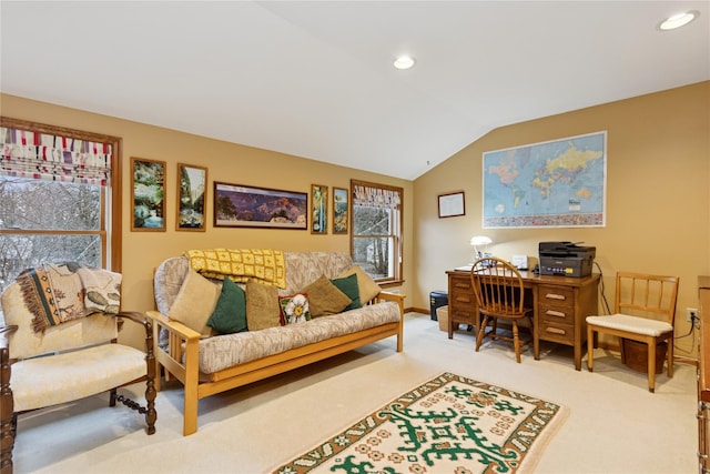 carpeted living room with vaulted ceiling, recessed lighting, and baseboards