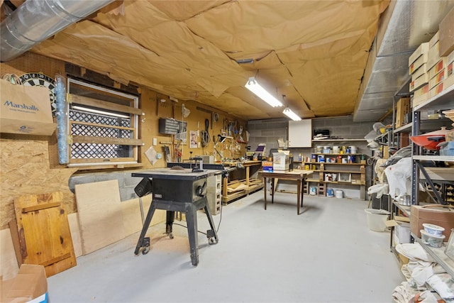 basement with a workshop area and concrete block wall