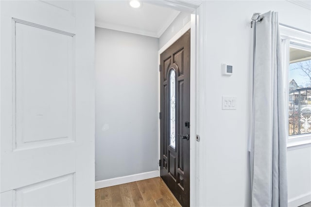 foyer entrance featuring wood finished floors, baseboards, and ornamental molding