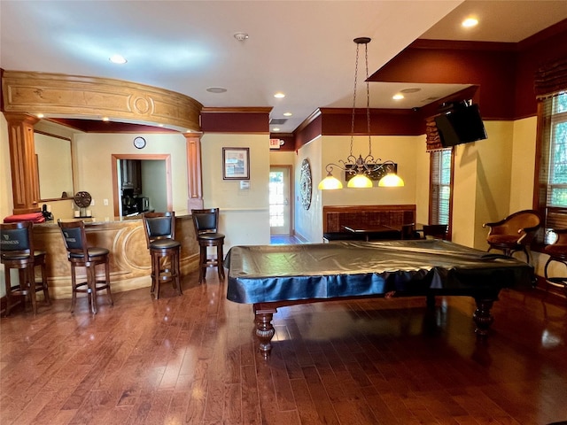 game room featuring recessed lighting, pool table, decorative columns, and wood-type flooring