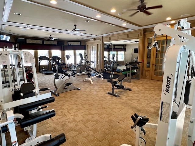 gym featuring recessed lighting, a ceiling fan, and carpet floors