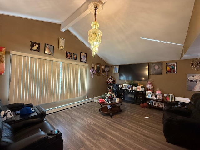 living room featuring a baseboard heating unit, a chandelier, lofted ceiling with beams, and wood finished floors