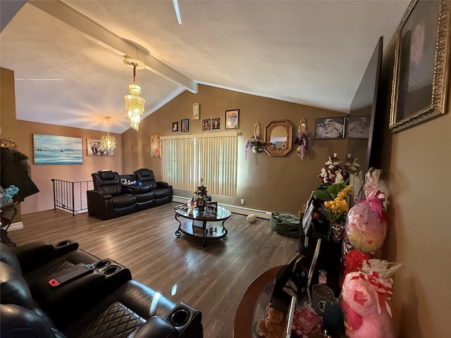 living room featuring a notable chandelier, lofted ceiling with beams, and wood finished floors