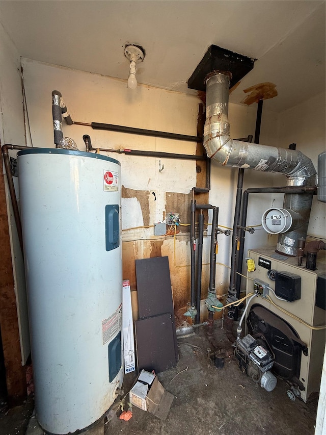 utility room with a heating unit and electric water heater