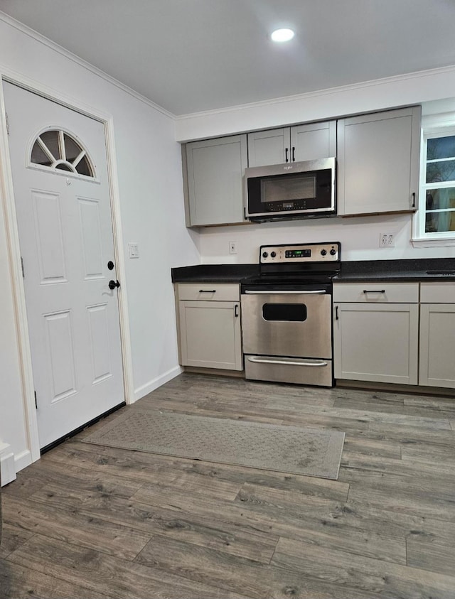 kitchen with dark countertops, gray cabinets, appliances with stainless steel finishes, and wood finished floors