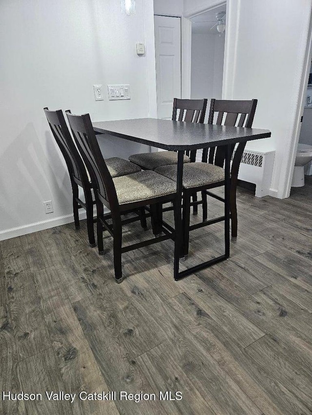 dining room featuring dark wood-style floors, radiator heating unit, and baseboards