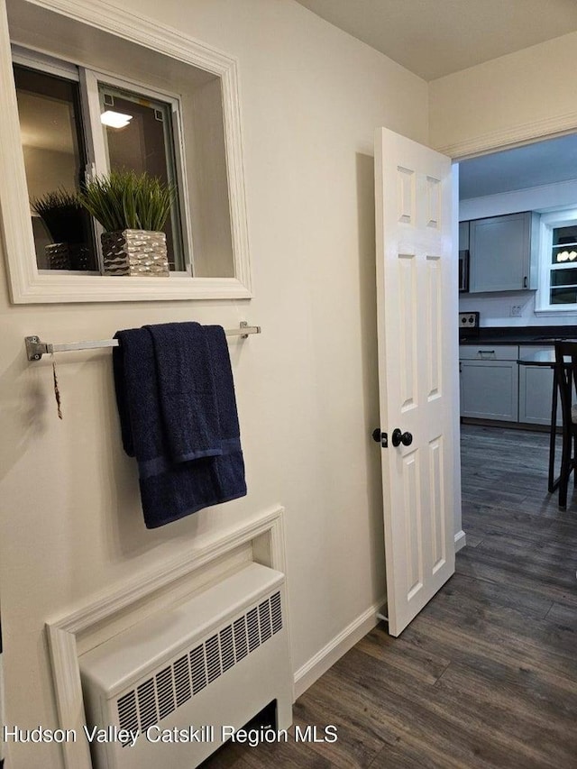 bathroom with baseboards, radiator, and wood finished floors