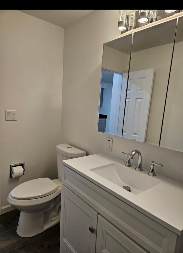 bathroom with vanity, toilet, and wood finished floors