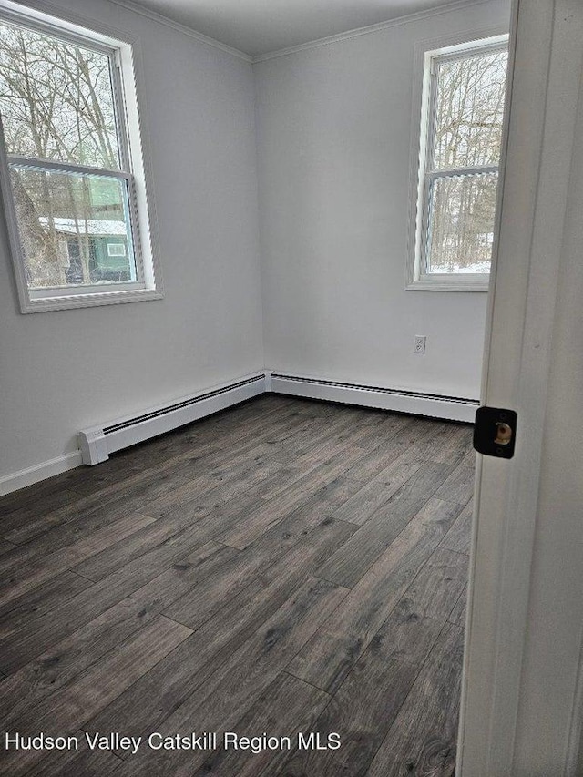 spare room featuring dark wood-type flooring and crown molding