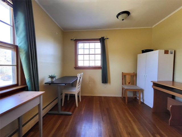 interior space with crown molding, baseboards, and wood finished floors