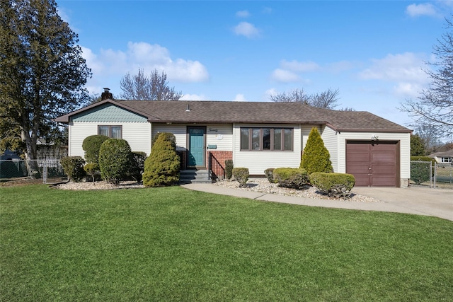 ranch-style home featuring a front lawn, fence, a chimney, driveway, and an attached garage