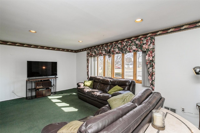 carpeted living room with recessed lighting and visible vents