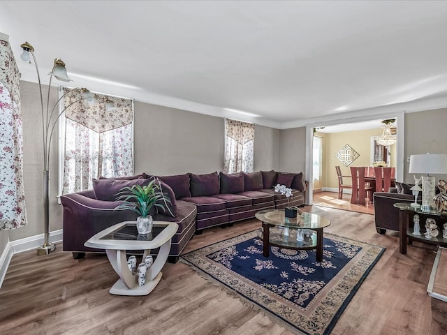 living room with baseboards and wood finished floors