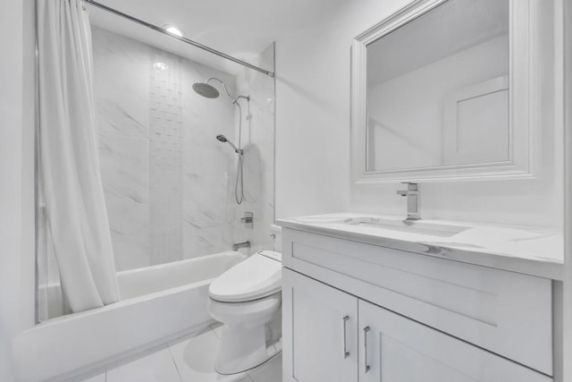 bathroom with shower / bath combo with shower curtain, toilet, and vanity