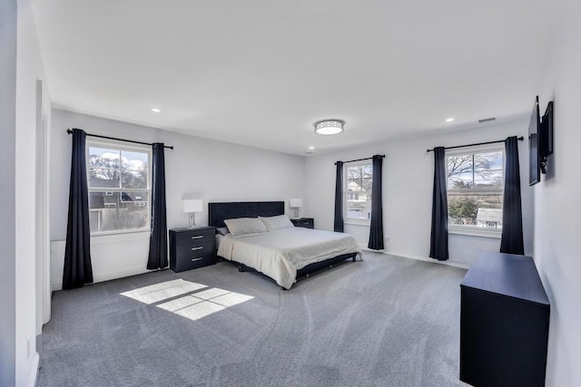 bedroom featuring recessed lighting, baseboards, visible vents, and carpet floors