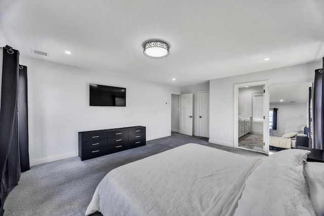 bedroom with visible vents, recessed lighting, baseboards, and dark colored carpet