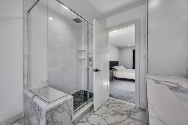 full bathroom with a marble finish shower, visible vents, marble finish floor, and ensuite bathroom