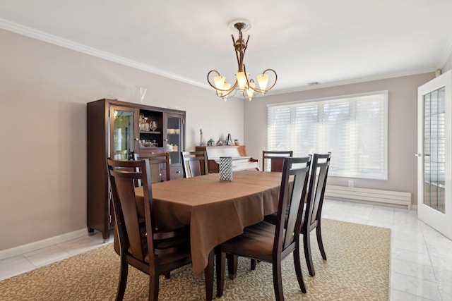 dining room featuring ornamental molding, an inviting chandelier, light tile patterned flooring, baseboards, and baseboard heating