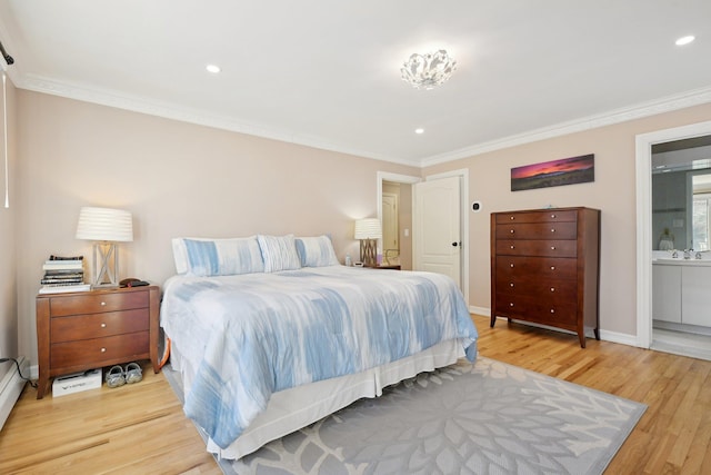 bedroom featuring recessed lighting, baseboards, light wood-style flooring, and crown molding