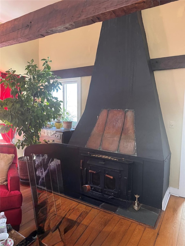 details featuring wood finished floors and a wood stove