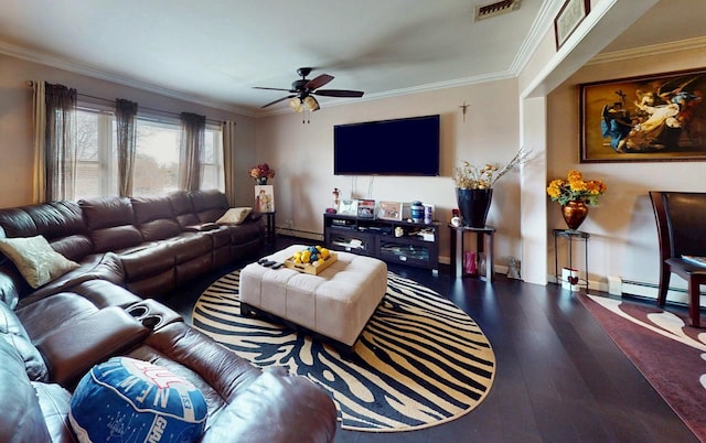 living room featuring visible vents, wood finished floors, ornamental molding, and a baseboard radiator