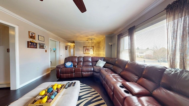 living area with a ceiling fan, wood finished floors, baseboards, and ornamental molding