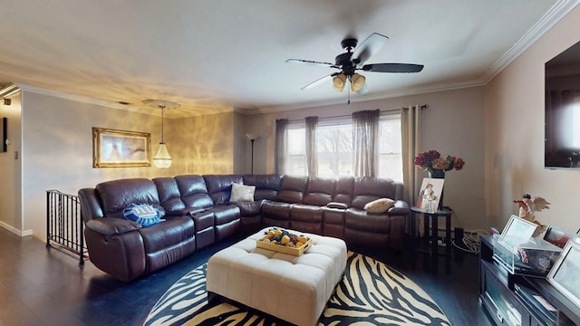 living room featuring a ceiling fan, dark wood-style flooring, and crown molding