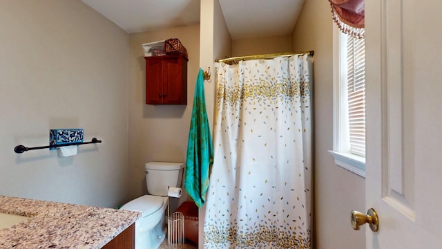 bathroom with curtained shower, toilet, vanity, and plenty of natural light