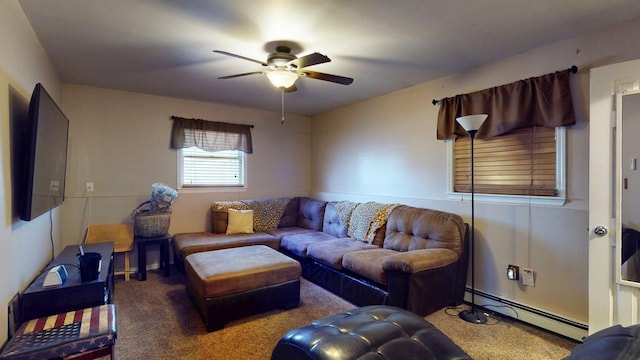 living room with carpet floors, ceiling fan, and a baseboard radiator