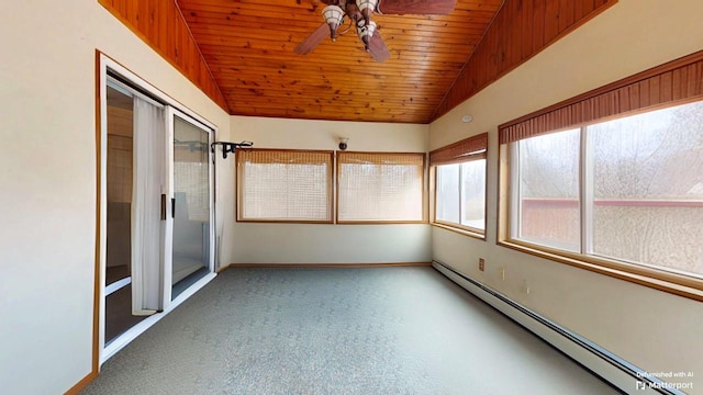 unfurnished sunroom with a baseboard heating unit, lofted ceiling, wooden ceiling, and ceiling fan