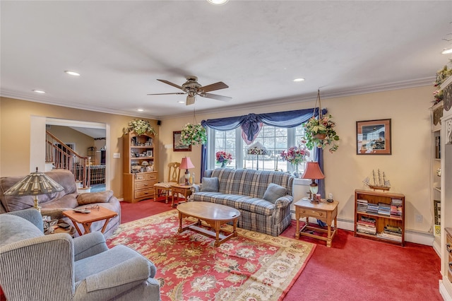 carpeted living area featuring crown molding, recessed lighting, ceiling fan, baseboards, and stairs