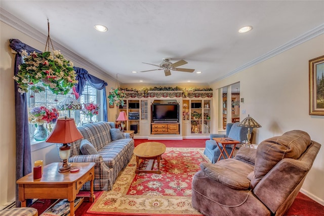 carpeted living room featuring recessed lighting, crown molding, and ceiling fan