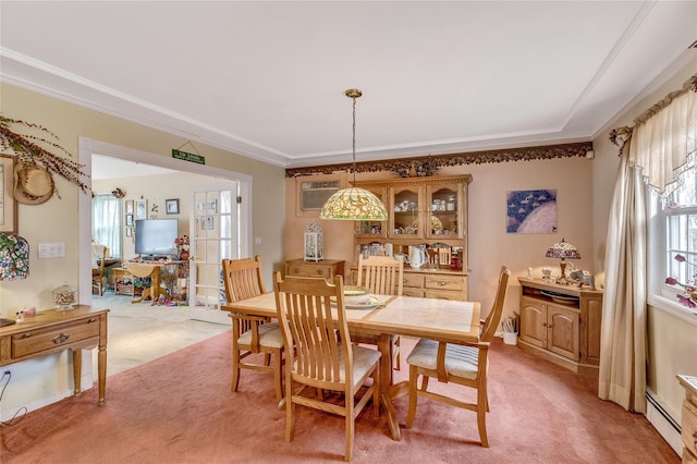 dining area featuring a baseboard radiator, an AC wall unit, light carpet, and crown molding