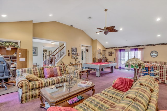 carpeted living area with recessed lighting, billiards, visible vents, vaulted ceiling, and stairs