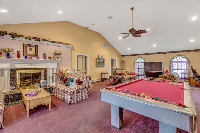 game room featuring ceiling fan, carpet, a high end fireplace, and visible vents