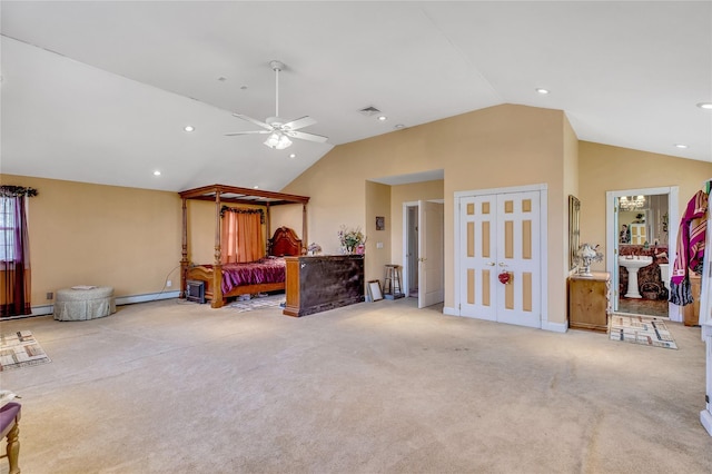 bedroom with a baseboard radiator, light carpet, ceiling fan, and recessed lighting