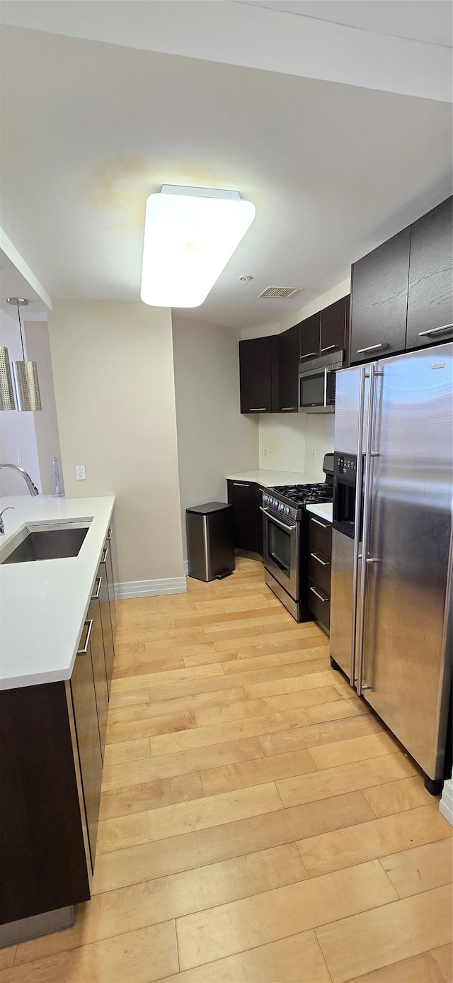 kitchen with dark cabinetry, visible vents, light wood finished floors, a sink, and stainless steel appliances