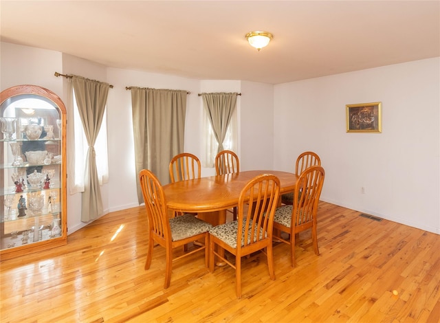 dining room with visible vents, light wood-style flooring, and baseboards