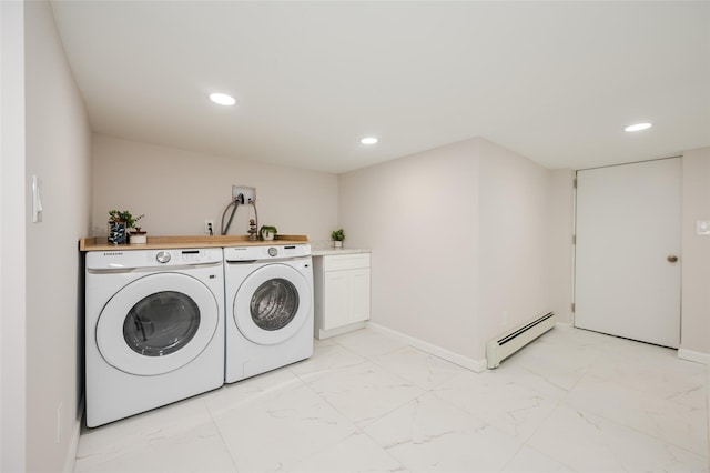 laundry room with recessed lighting, marble finish floor, washer and dryer, and a baseboard heating unit