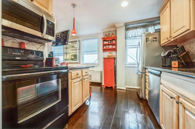 kitchen featuring dark wood-type flooring, light brown cabinets, backsplash, stainless steel appliances, and baseboards