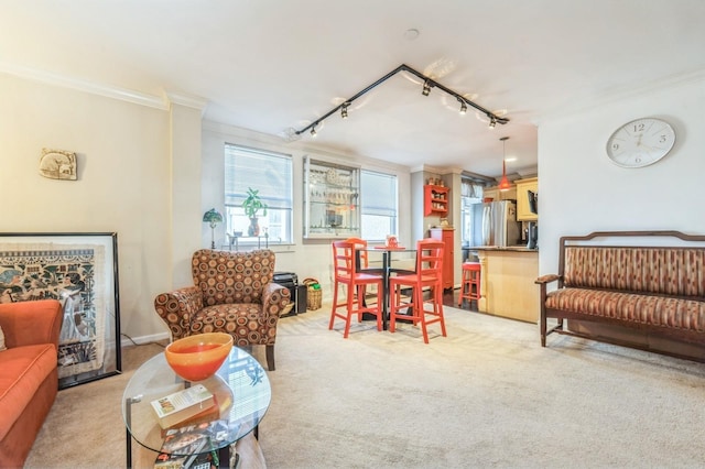 living area featuring light carpet, track lighting, and crown molding