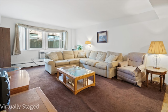 carpeted living room featuring baseboard heating and an AC wall unit