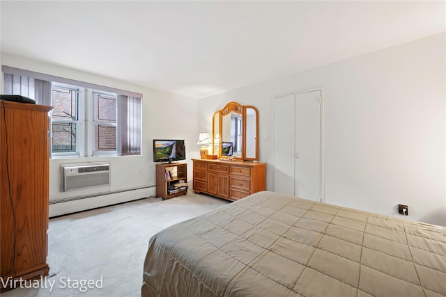 bedroom featuring a baseboard radiator, light carpet, and an AC wall unit