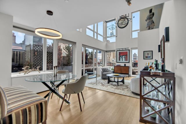 dining area featuring a high ceiling and wood finished floors