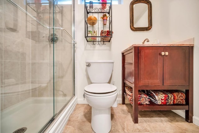 full bath with a shower with door, toilet, and tile patterned floors