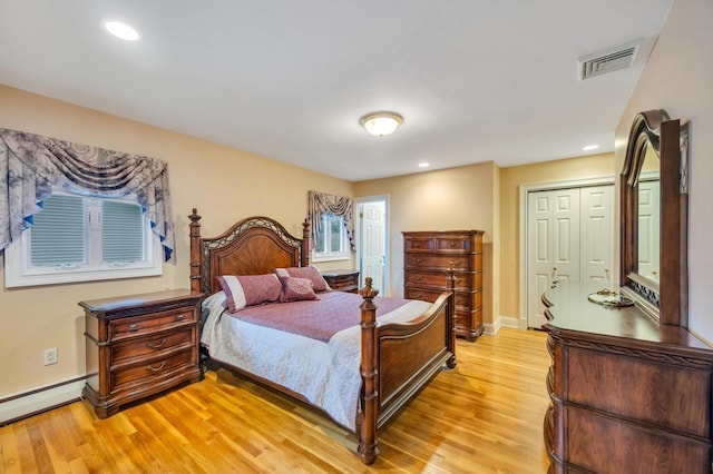 bedroom featuring recessed lighting, baseboards, visible vents, and light wood finished floors