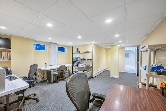 office featuring baseboards, carpet flooring, recessed lighting, a paneled ceiling, and a baseboard radiator