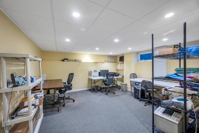 office with carpet flooring, recessed lighting, baseboards, and a paneled ceiling